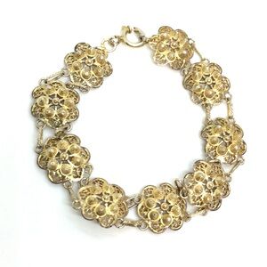 VINTAGE VERMEIL STERLING SILVER FLORAL FILIGREE BRACELET CHAIN LINK GOLD TONE